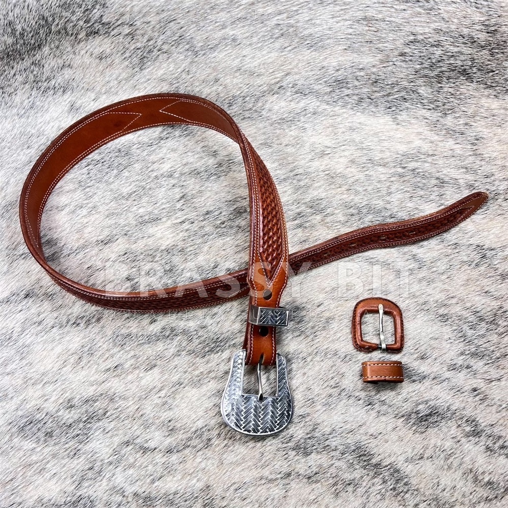 Vogt Tooled Western Belt w/ Custom Sterling Silver Buckle Set